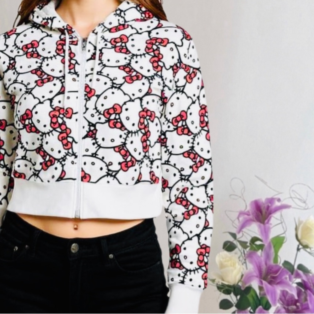 Hello Kitty White & Pink Cropped Zip-Up Hoodie Jacket